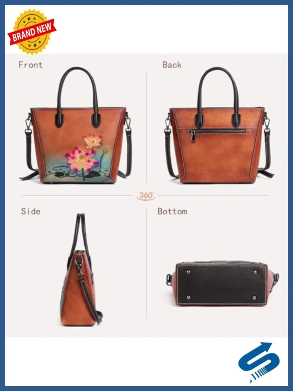 Genuine Leather Hand-Embossed Lotus Floral Satchel Bag with Detachable